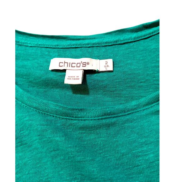 CHICO'S 2 100% Linen Long Tunic Top Tee LG Tiered‎ Back High/Lo Turquoise Green - Picture 5 of 8